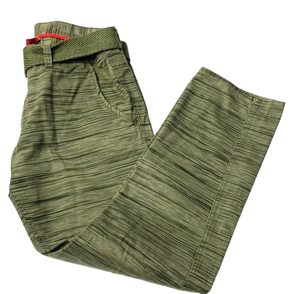 JORDAN CRAIG Military Green Horizontal Stripe Pattern Belted Twill Pants‎
